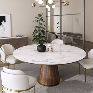 Mid Century 47" Round Dining Table White Faux Marble Tabletop for 6 Person Wooden Base